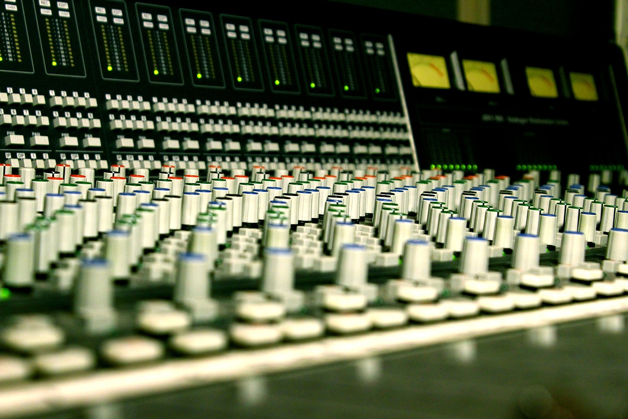 a close up of a sound board in a recording studio, flickr, stained”, realistic”
