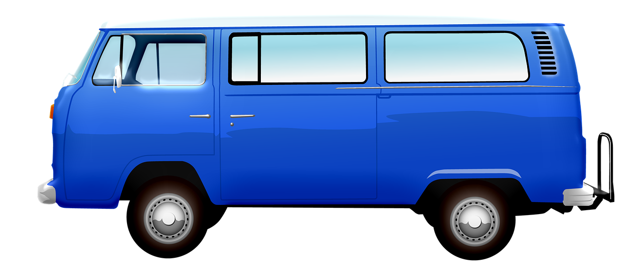 a blue van on a black background, vector art, pixabay, digital art, 7 0 s visuals, wide windows, kombi, full body close-up shot