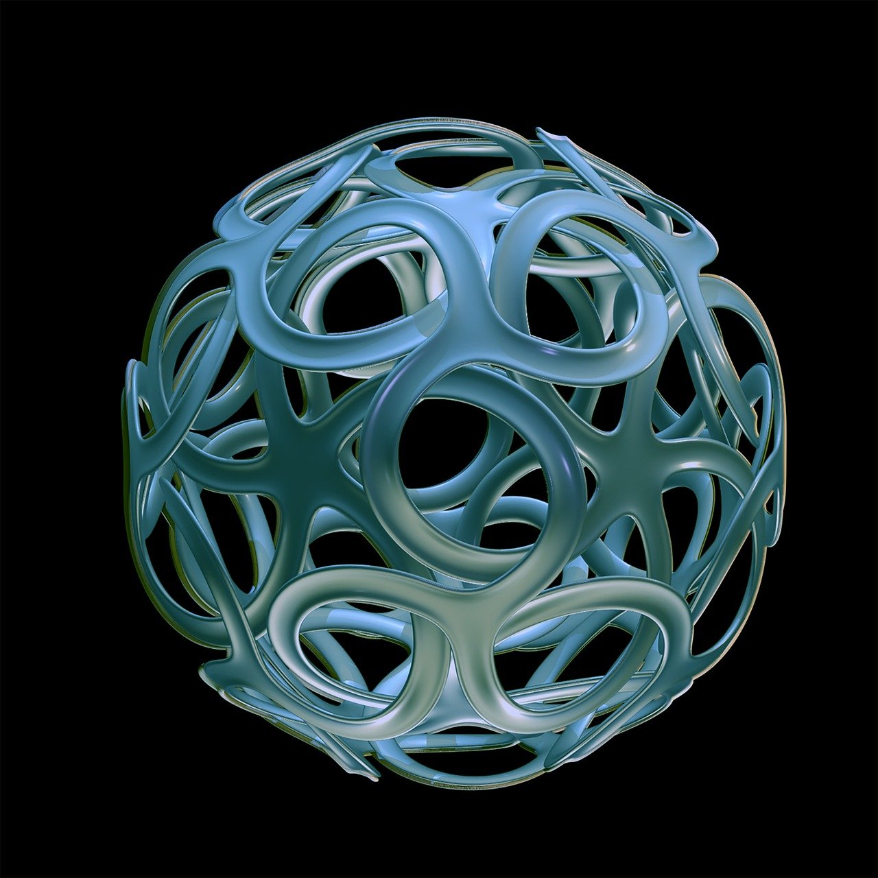 a close up of a blue object on a black background, an abstract sculpture, inspired by Buckminster Fuller, zbrush central, digital art, cycles4d render, rounded shapes, intertwined full body view, rendered illustration