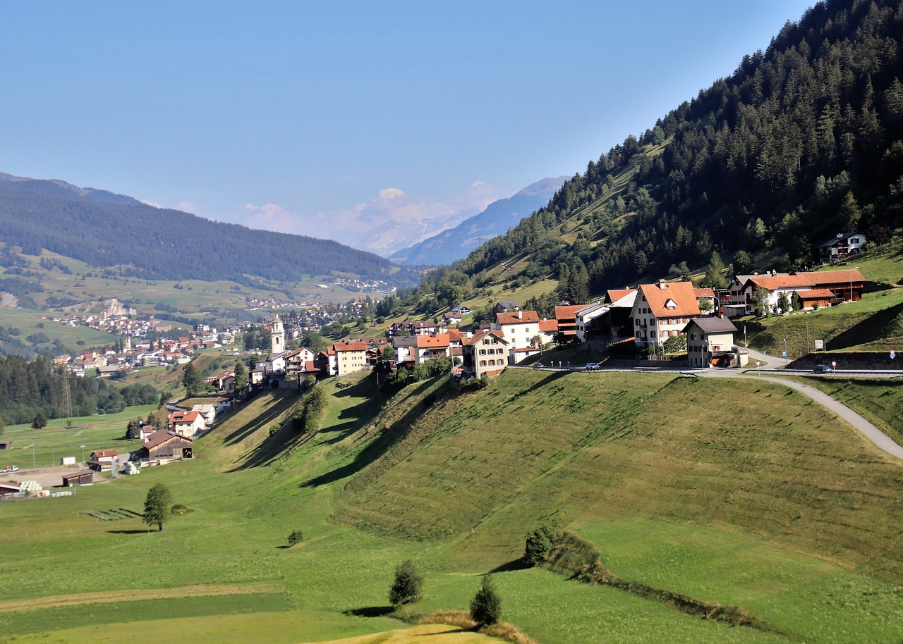 a small town sitting on top of a lush green hillside, by Ladrönn, flickr, renaissance, alpine scenery, giorgio griffa, sunny environment, silver