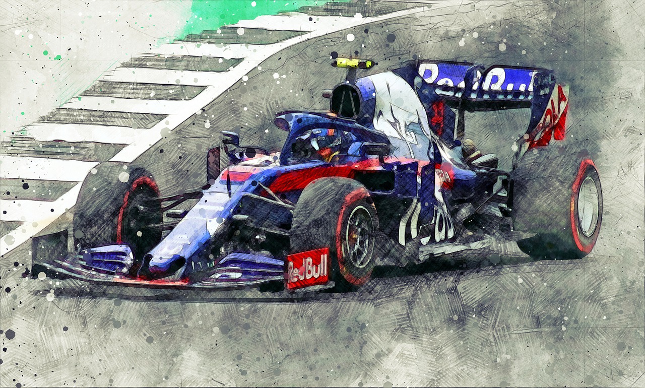 a painting of a racing car on a track, a digital rendering, pixabay, digital art, red bull, in sao paulo, as well as scratches, 2021