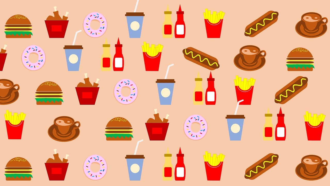 a variety of fast food items on a beige background, inspired by Pia Fries, pop art, patterned background, cozy cafe background, obese ), disneyland background