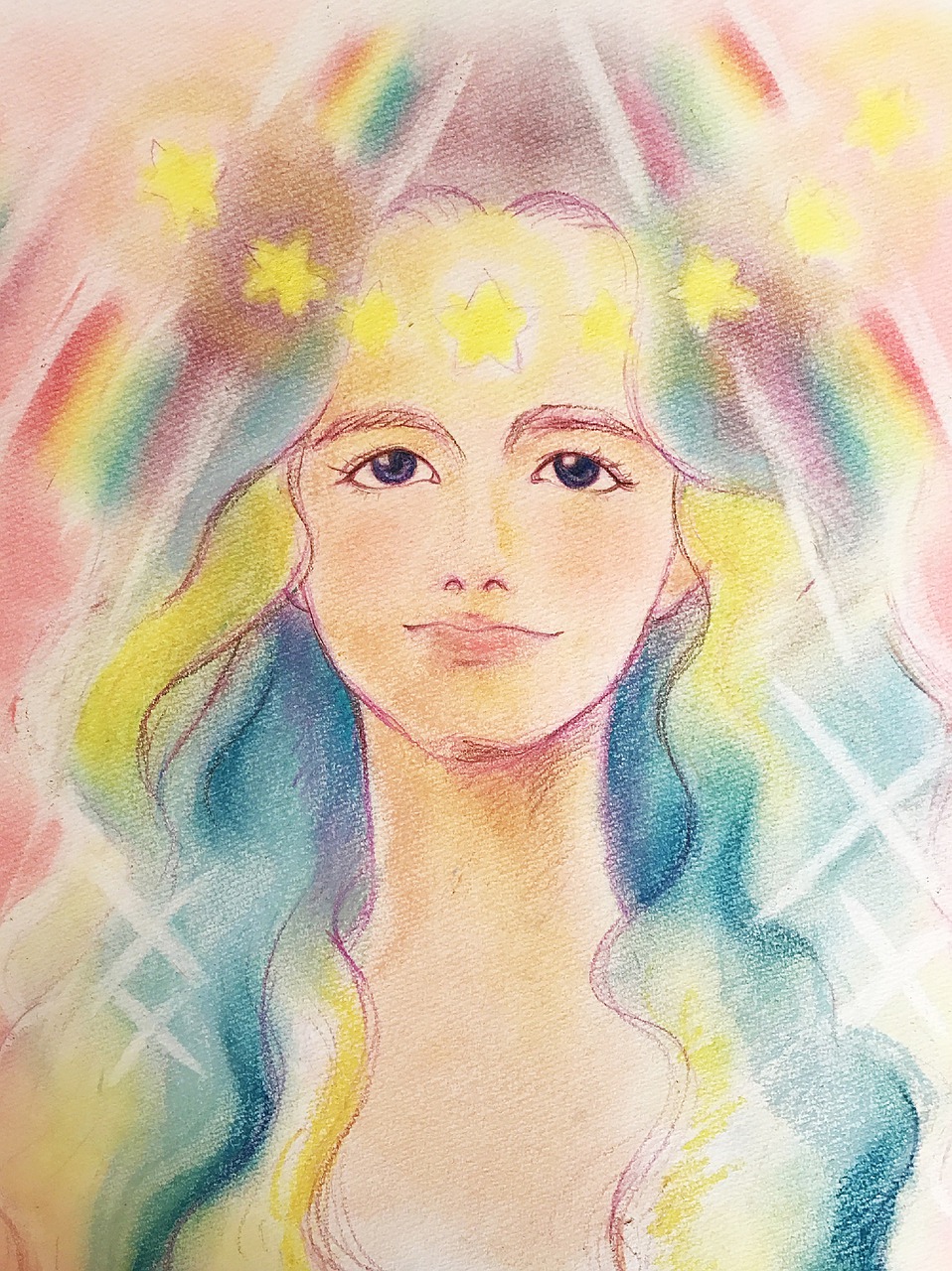 a drawing of a woman with stars on her head, a color pencil sketch, metaphysical painting, watercolor style, the goddess of summer, vintage 7 0 s anime watercolor, radiant halo of light