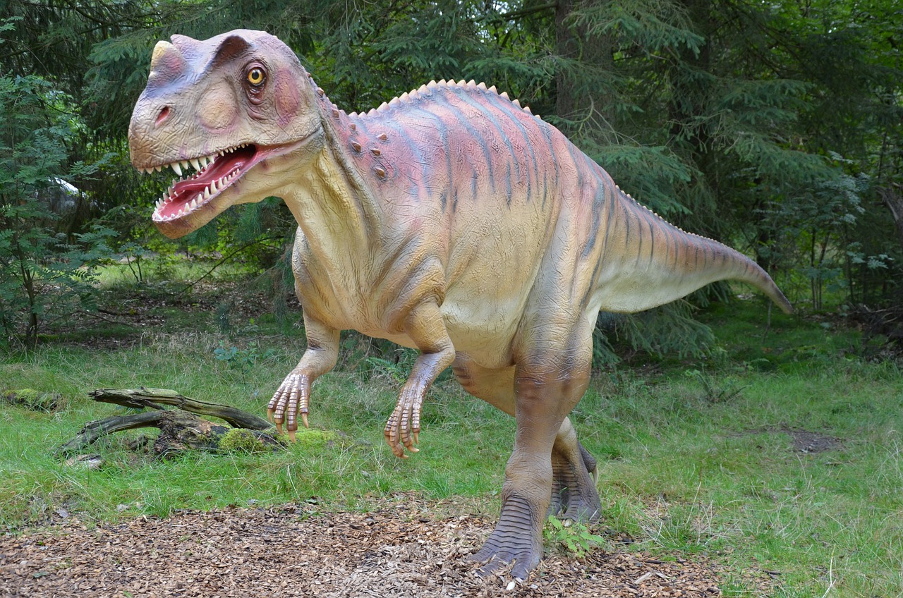 a close up of a dinosaur statue in a field, pixabay, massurrealism, full body; front view, large teeth, casually dressed, mid 2 0's female