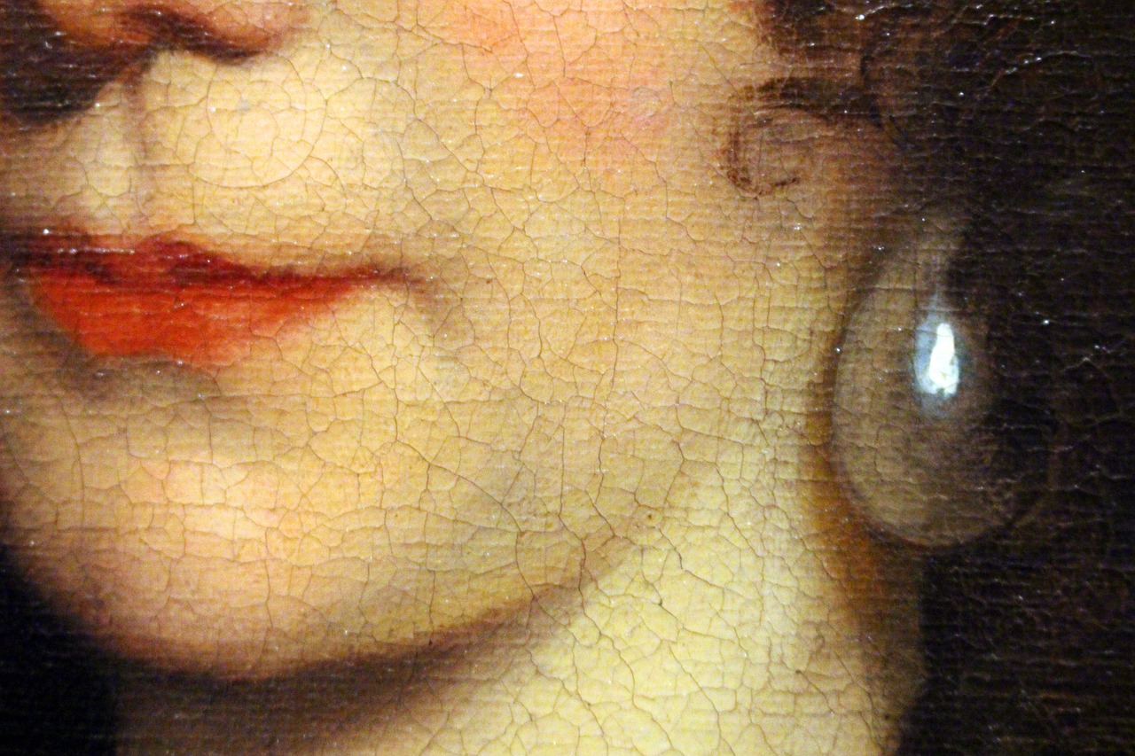 a close up of a painting of a woman's face, by Dirck Hals, medium detail, biedermeier, face details!, monalisa