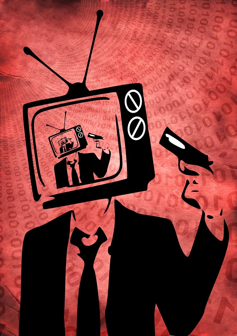 a man in a suit holding a gun and a tv, a cartoon, by Allen Jones, pixabay, digital art, corrupted data, they are watching, grungy, live broadcast