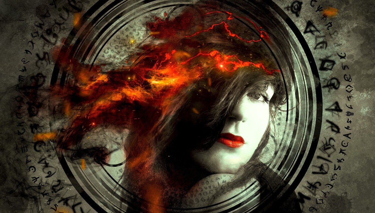 a close up of a person with a clock in the background, digital art, by Eugeniusz Zak, tumblr, digital art, hair made of fire, circle pit demons, epic 3 d abstract emo girl, fiery red