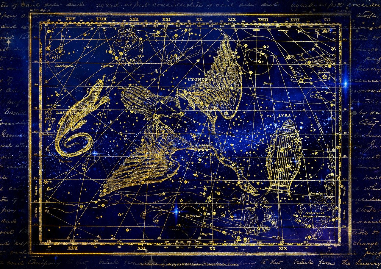 a picture of a zodiac sign on a blue background, by John Moonan, space art, ''wallpaper of a phoenix resting, star charts, golden, swan