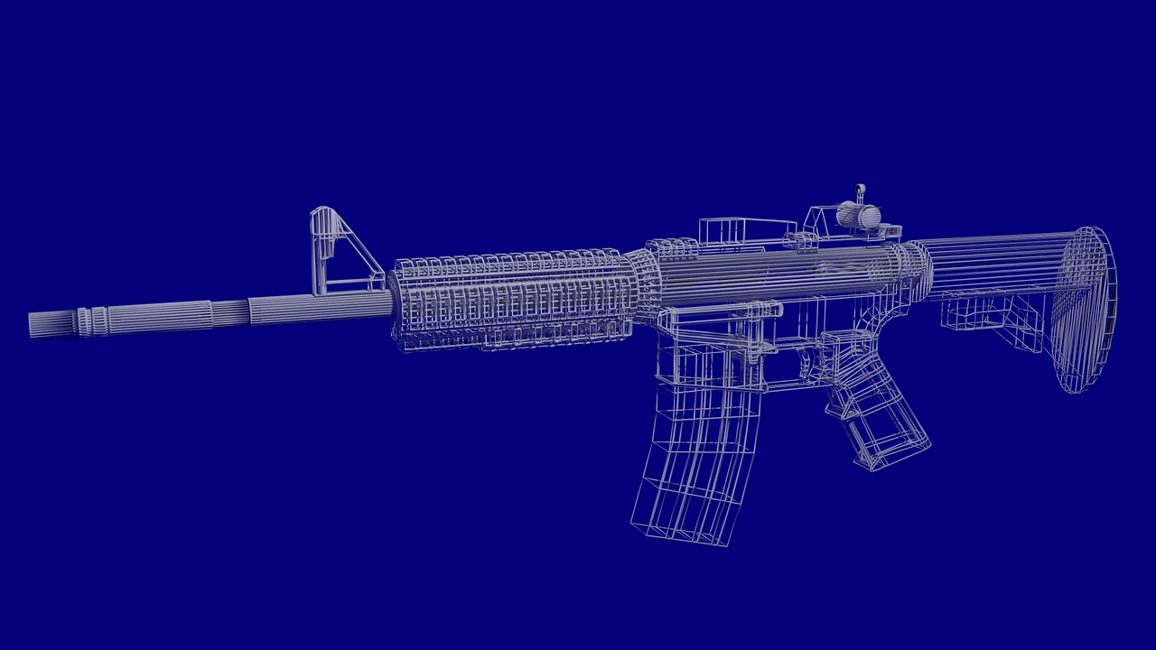 a machine gun on a blue background, an ambient occlusion render, wireframe, 4k. detailed drawing, holding ar-15, octane render h 1024