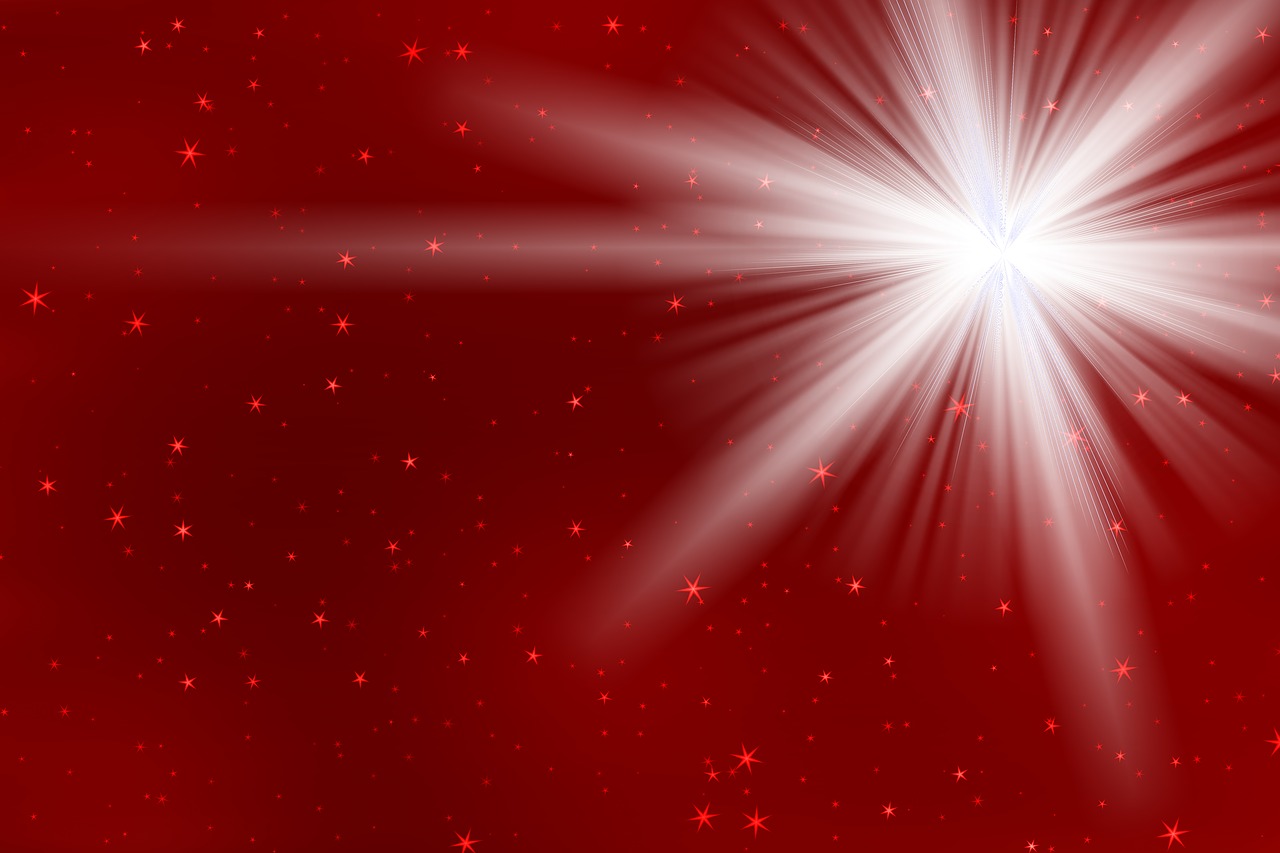 a bright star shines brightly on a red background, light and space, red and white lighting, some sun ray of lights falling, crimson and white color scheme, stars in the sky above