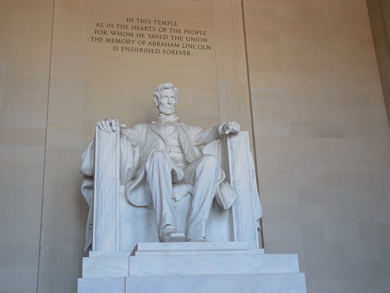 a statue of abraham lincoln in the lincoln memorial, sitting on a stone throne, arch, finely detailed feature, large stone statues of heroes