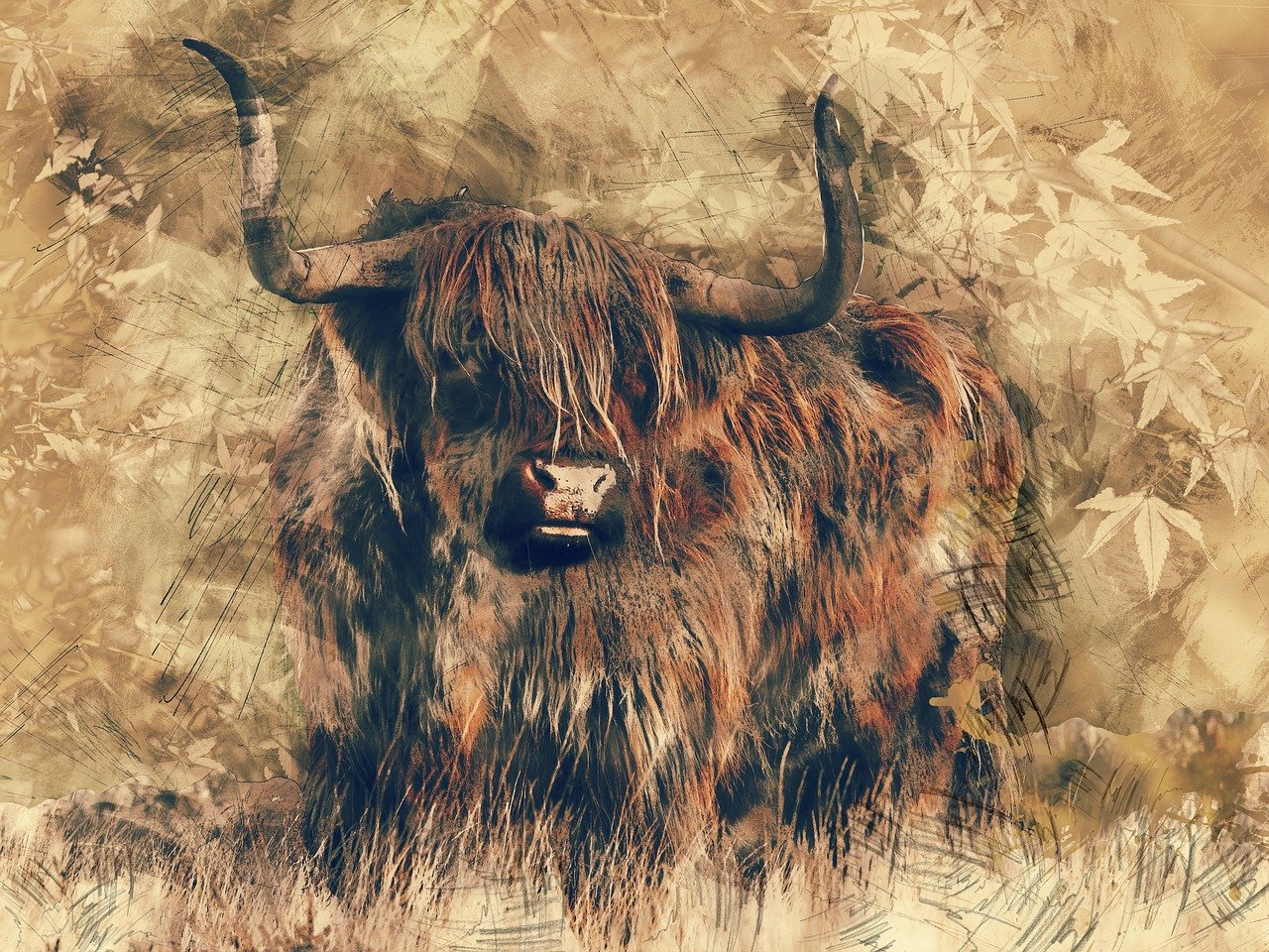 an animal that is standing in the grass, a digital painting, fine art, scottish style, rustic, portrait of a old, brush