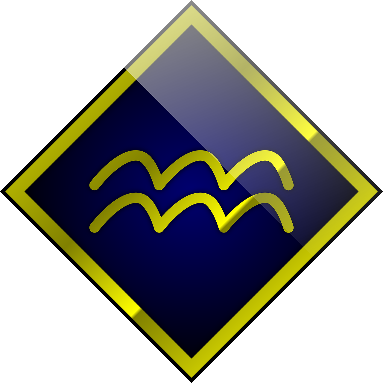 a blue and yellow diamond with waves on it, by Zoran Mušič, pixabay, hieroglyphic signs, flooding, badge, swimming