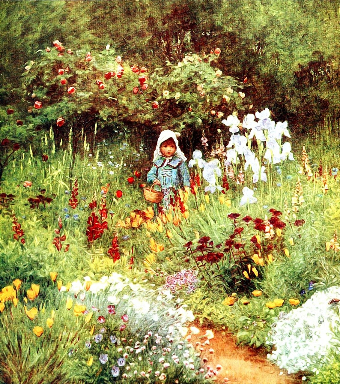 a painting of a little girl in a garden, tumblr, 1900 illustration artwork, flowers in a flower bed, john park, in red gardens