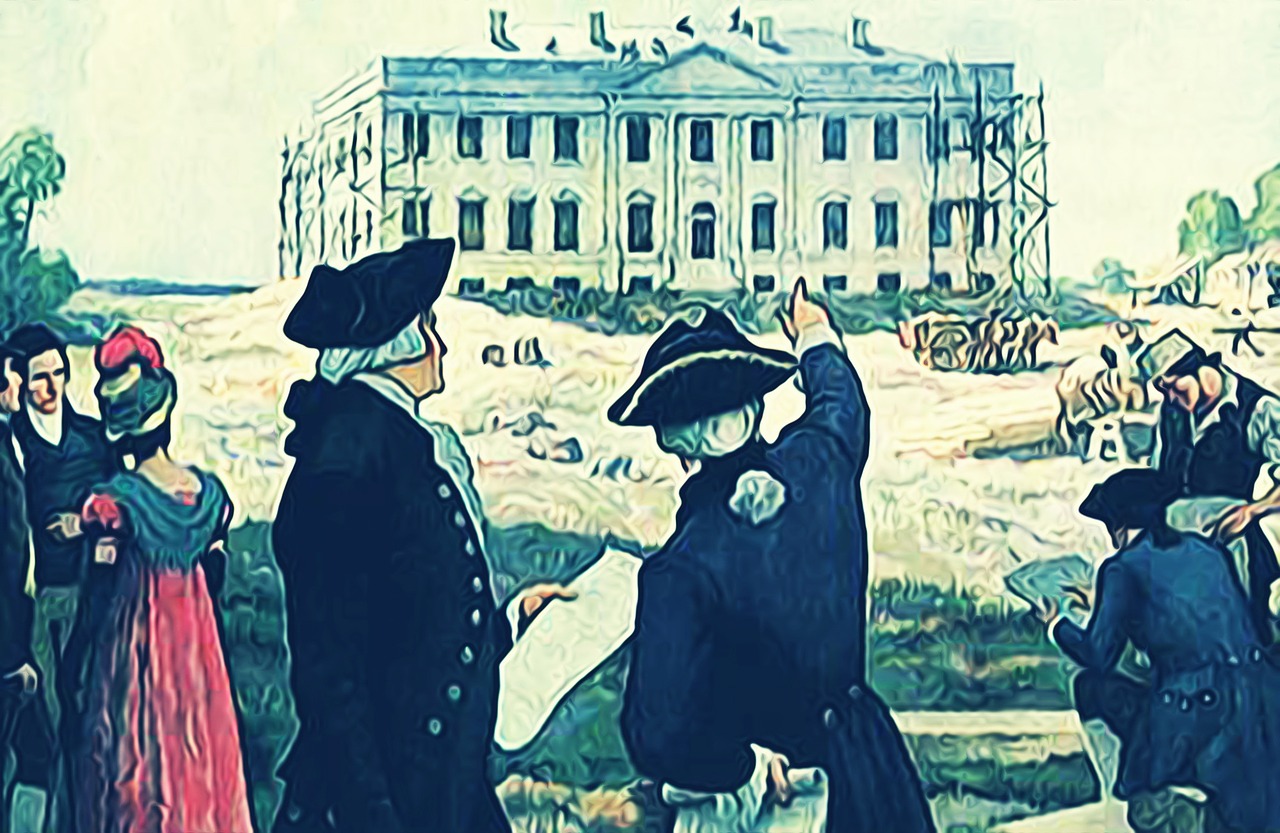 a painting of a group of people standing in front of a building, inspired by John Trumbull, pixabay, destroyed washington dc, film still from an cartoon, banner, colorized 1 9 0 4 photo