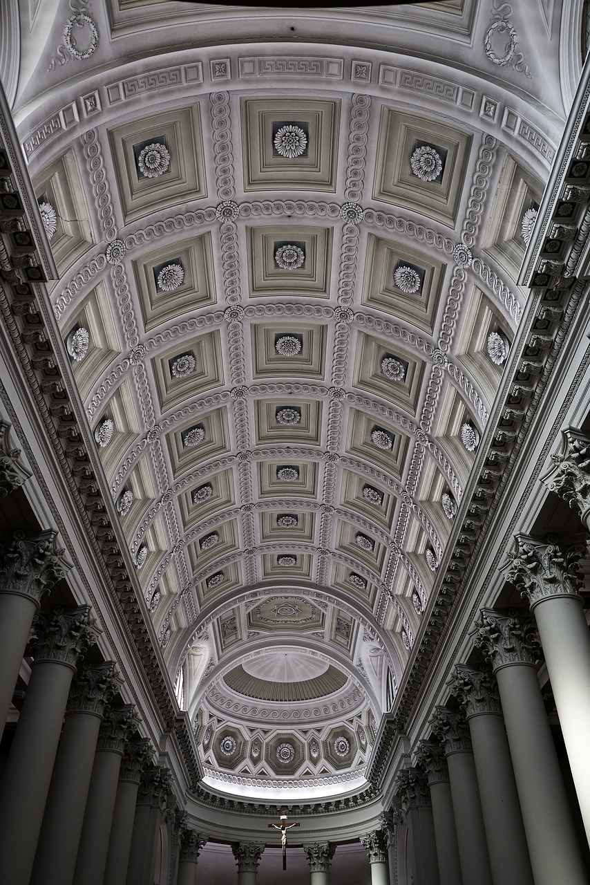 a clock mounted to the ceiling of a building, inspired by William Hoare, flickr, baroque, interior of the old cathedral, huge greek columns, marble!! (eos 5ds r, lattice