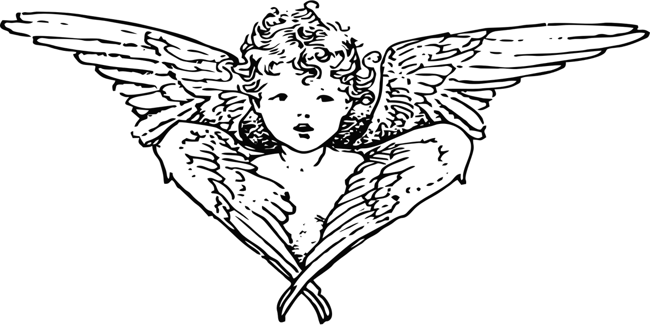 a black and white drawing of a heart with wings, lineart, inspired by Austin Osman Spare, phone wallpaper hd, solid black #000000 background, cherub, black color background