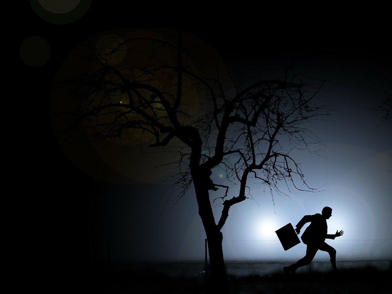 a silhouette of a man running in the dark, digital art, by Mirko Rački, pixabay contest winner, conceptual art, under the soft shadow of a tree, he is carrying a black briefcase, night photo, musician