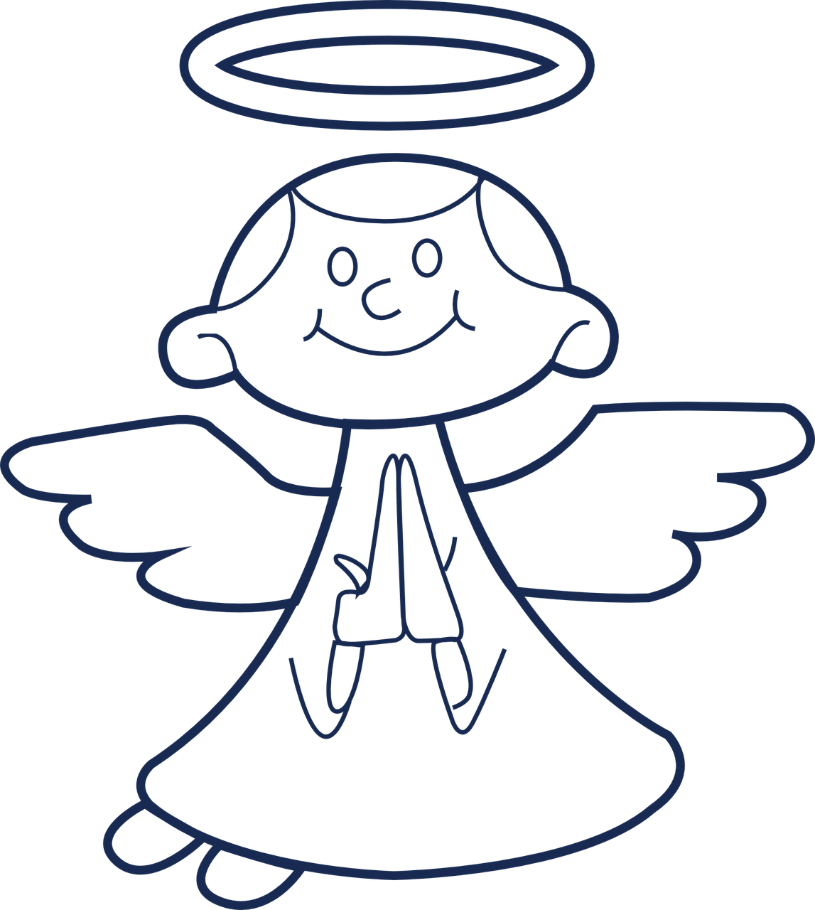 a cartoon angel with a halo on his head, inspired by Ángel Botello, pexels, ascii art, decorative dark blue clothing, black light, she is happy, based on child's drawing