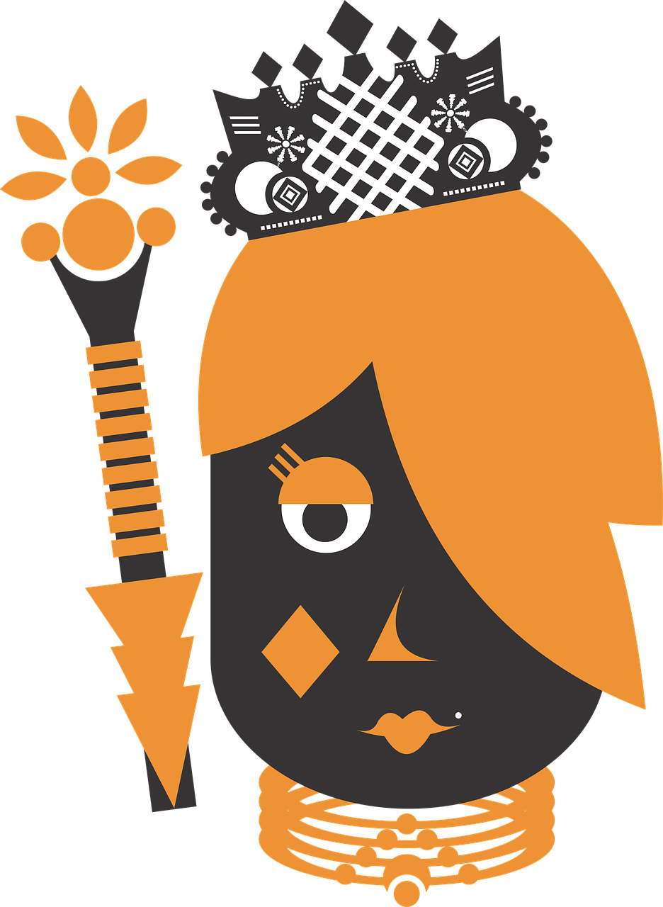 an image of a woman with a crown on her head, vector art, inspired by Tim Biskup, orange and black, animal crossing character, knife, screengrab