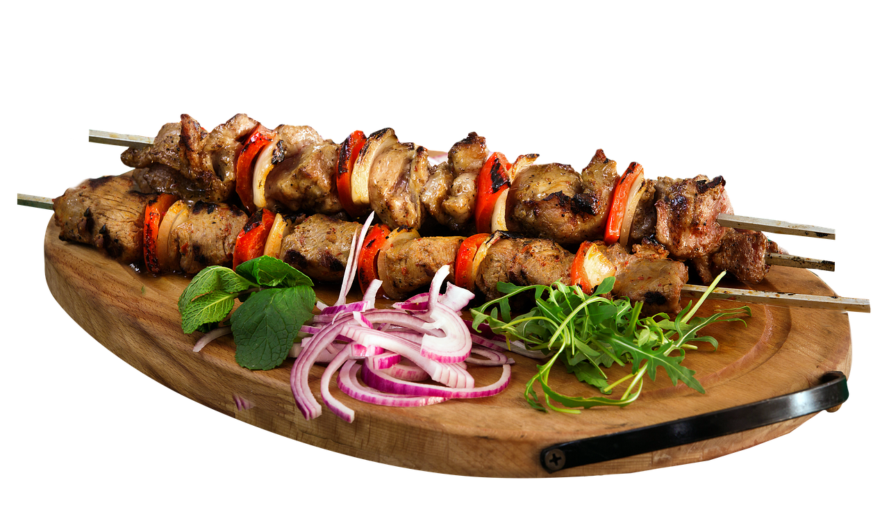 a wooden cutting board topped with meat and veggies, by Zahari Zograf, dau-al-set, skewer, with a black dark background, high detail product photo, full image