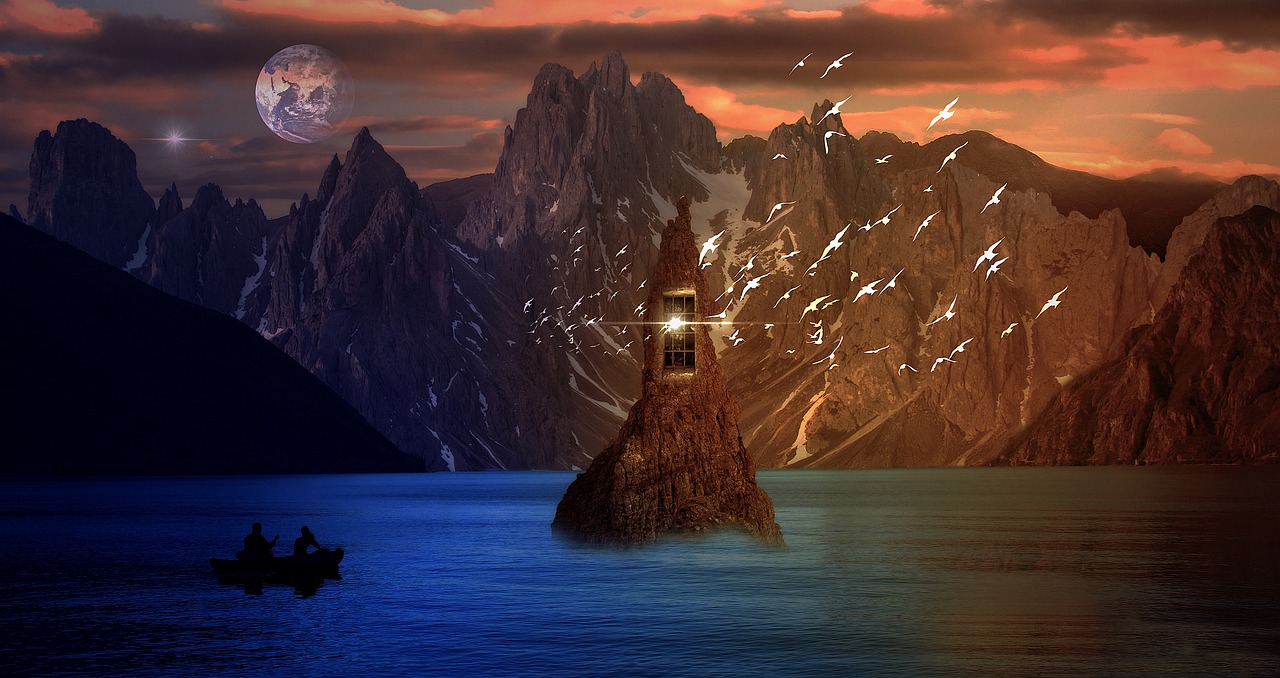 a couple of people in a boat on a body of water, a matte painting, inspired by Johfra Bosschart, digital art, light house, mountainscape, last photo, mythical shrine