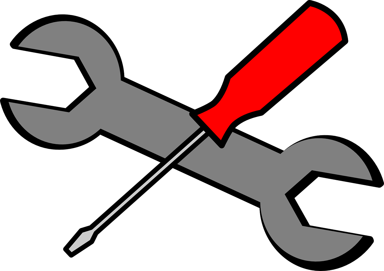 a wrench and a screwdriver on a black background, a diagram, by Andrei Kolkoutine, pixabay, constructivism, red and grey only, set against a white background, scissors, screen cap