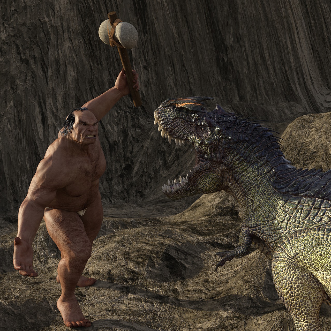 a man holding a ball next to a dinosaur, a screenshot, by Harold von Schmidt, zbrush central contest winner, realism, angry character wielding a sword, high quality fantasy stock photo, putin is bald caveman, fighting fantasy style image