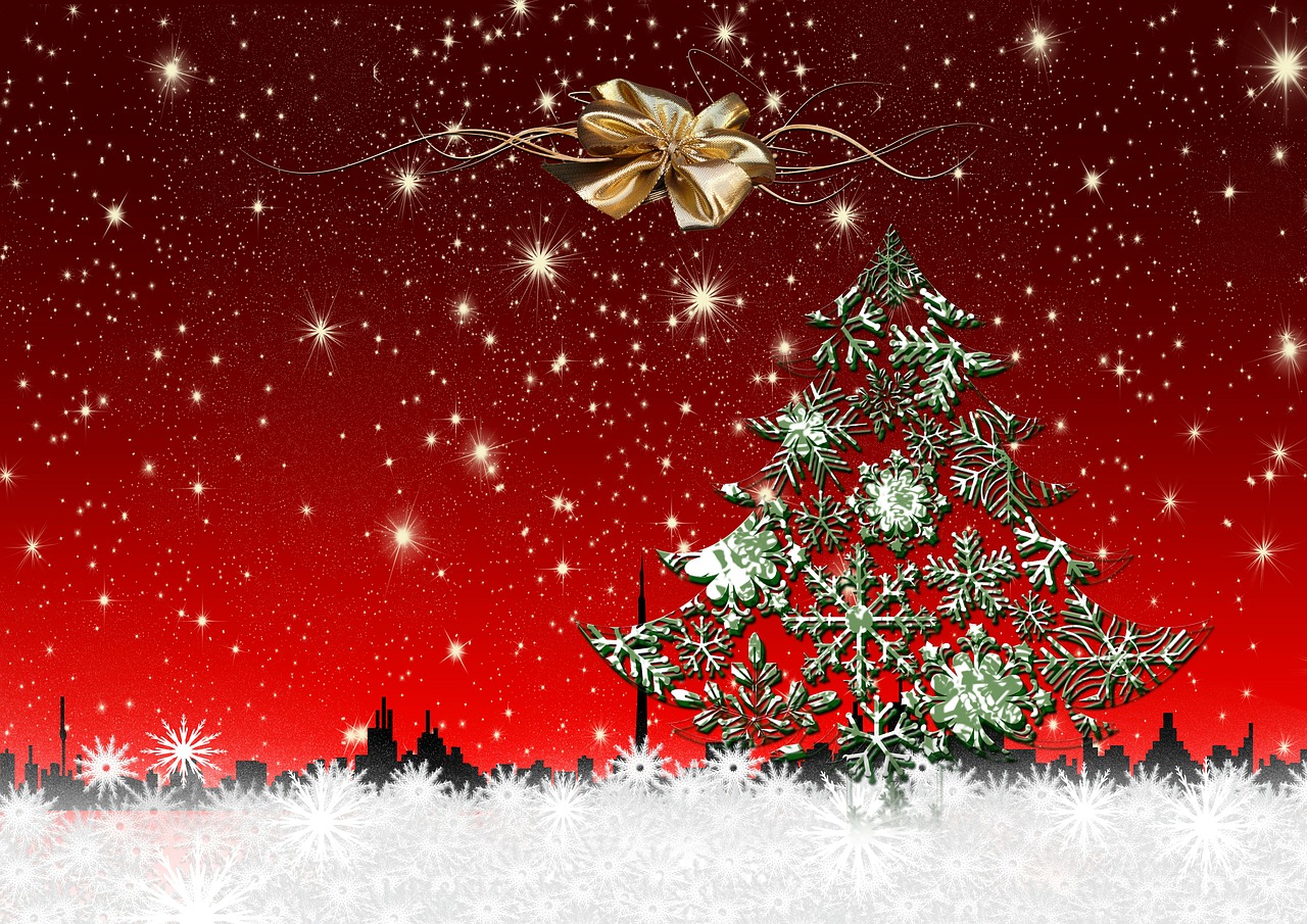 a christmas tree sitting on top of a snow covered field, a digital rendering, ornamental bow, nightime village background, on a red background, close up photo