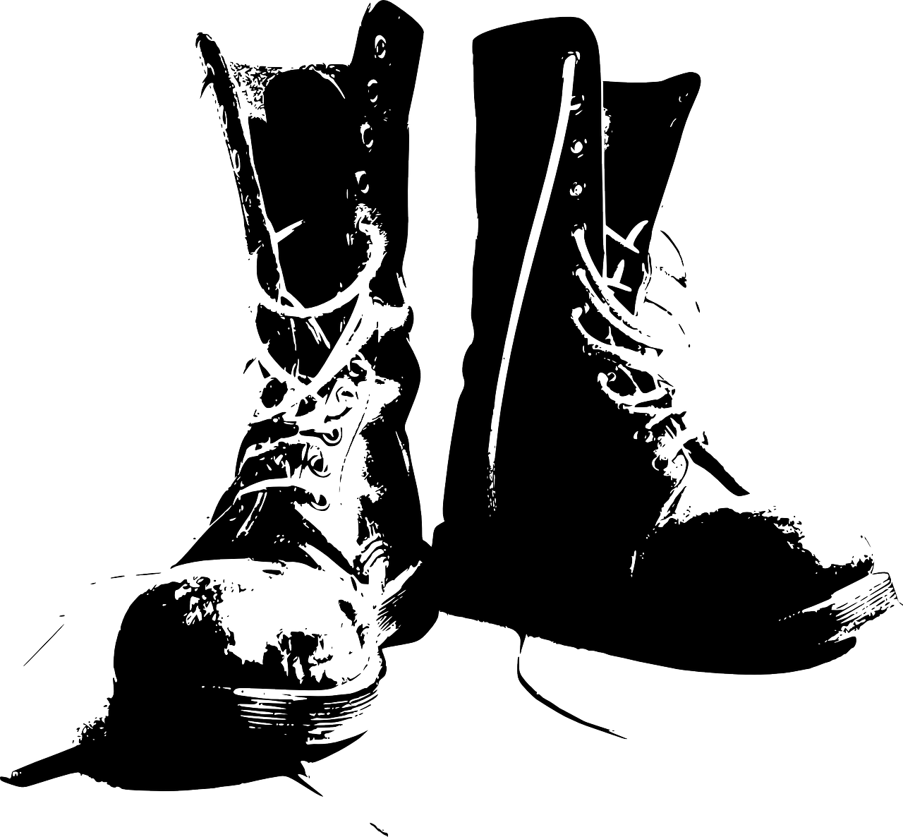 a black and white picture of a pair of boots, vector art, pixabay, sots art, militarism, grunge art, brightly-lit, stencil art