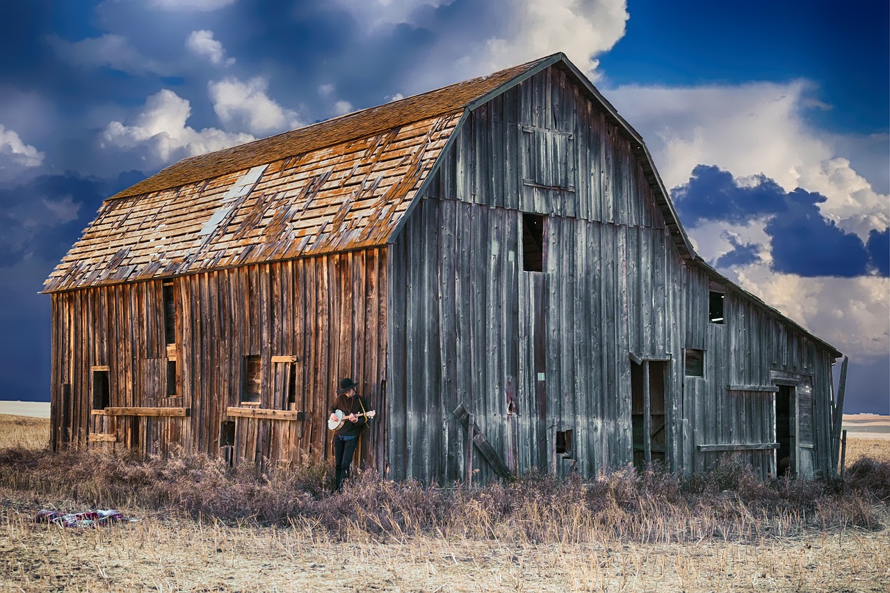 a man standing in front of a wooden barn, a colorized photo, pixabay contest winner, precisionism, utah, background image, musician, wide shot!!!!!!