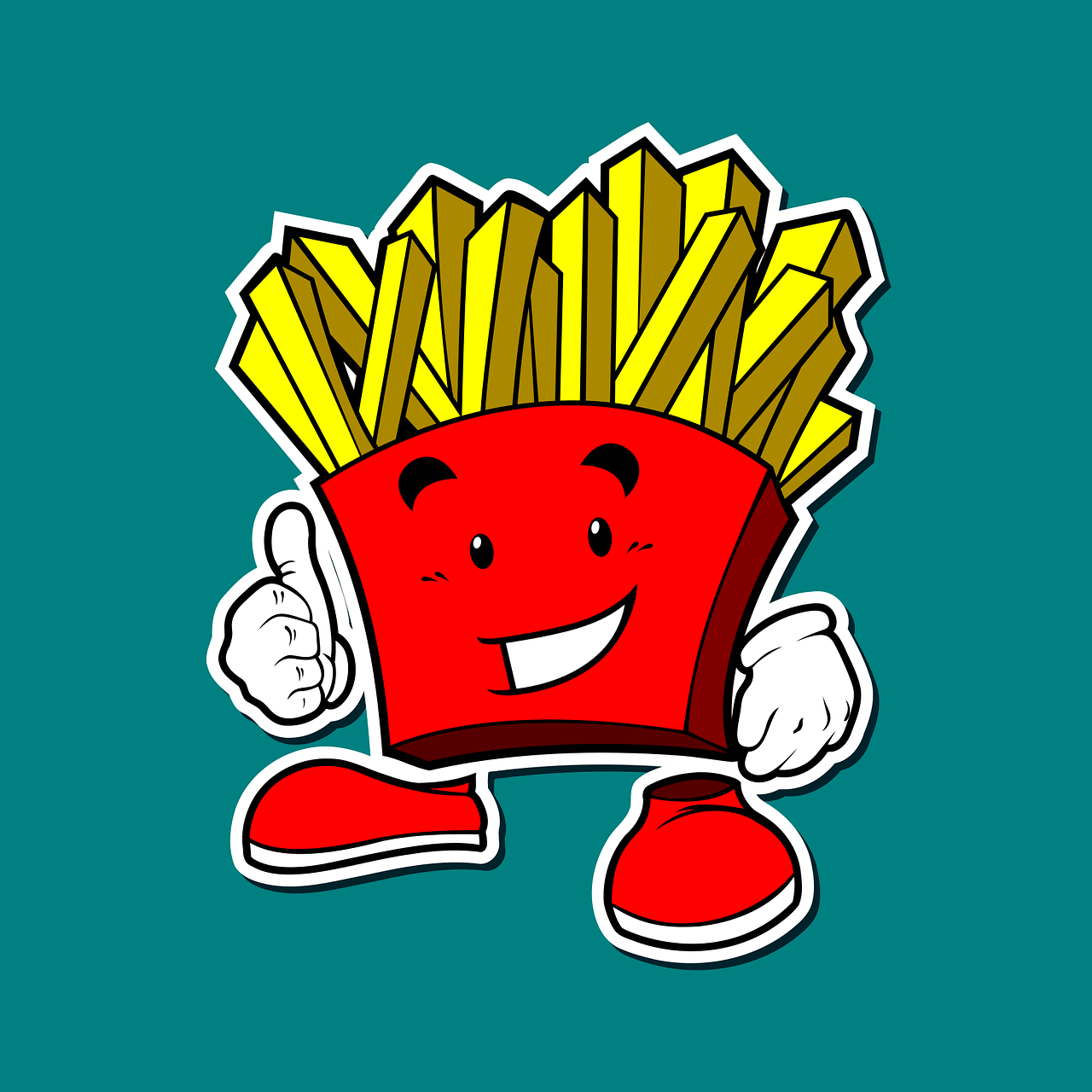 a cartoon french fries character with thumbs up, inspired by Pia Fries, pop art, fantasy sticker illustration, nice colors, 8 k cartoon illustration, vector images