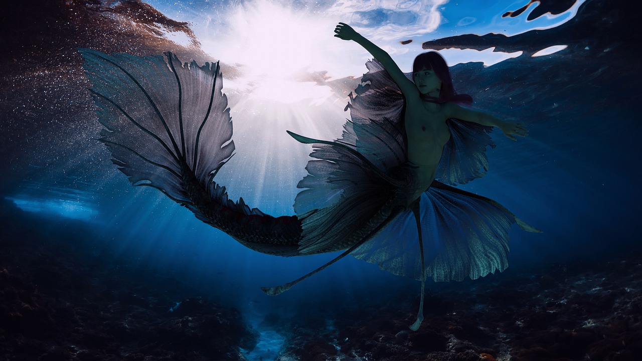 a mermaid that is floating in the water, digital art, inspired by Charles Gleyre, fantasy art, intense sunlight, photo taken in 2 0 2 0, pisces, a dark underwater scene