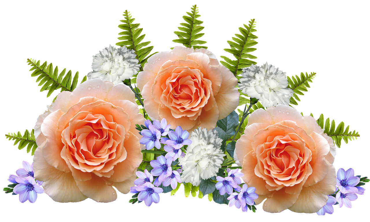 a bouquet of flowers on a black background, a digital rendering, by Carol Bove, flickr, roses and lush fern flowers, (light orange mist), flower tiara, cut and paste collage