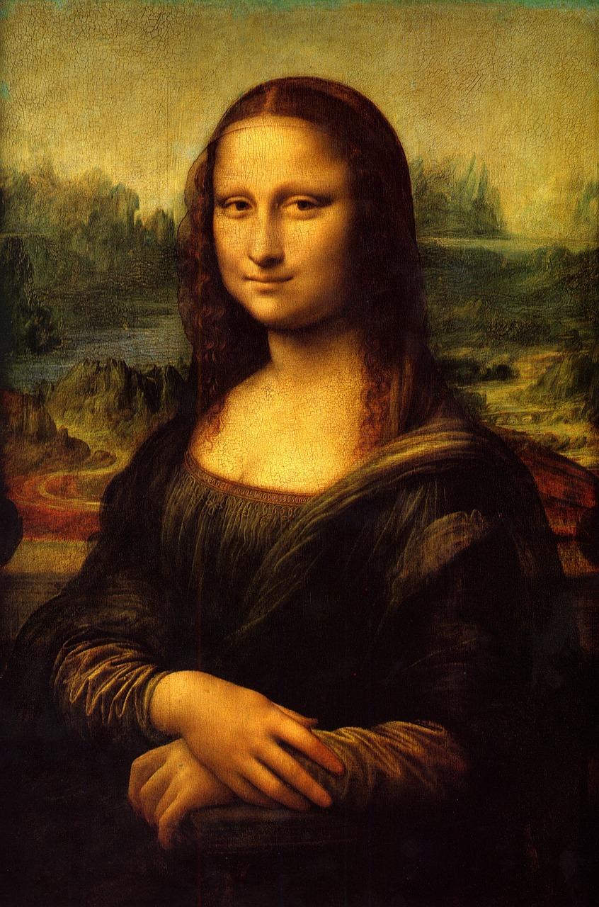 a close up of a painting of a woman, by Leonardo da Vinci, pixabay, portrait of paris, portrait of a big, lisa, grinning lasciviously