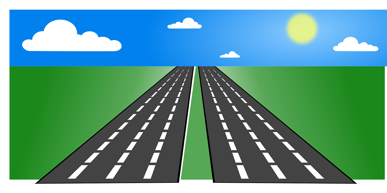 a road in the middle of a green field, an illustration of, pixabay, highway, on a bright day, register, rectilinear