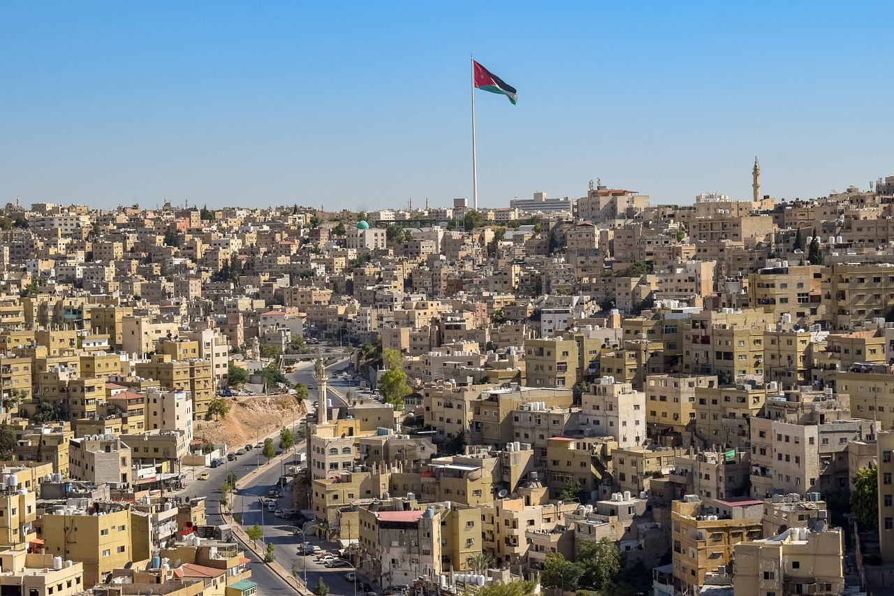 a large city filled with lots of tall buildings, by Ladrönn, shutterstock, hurufiyya, red and black flags waving, jordan, panoramic shot, sweet home