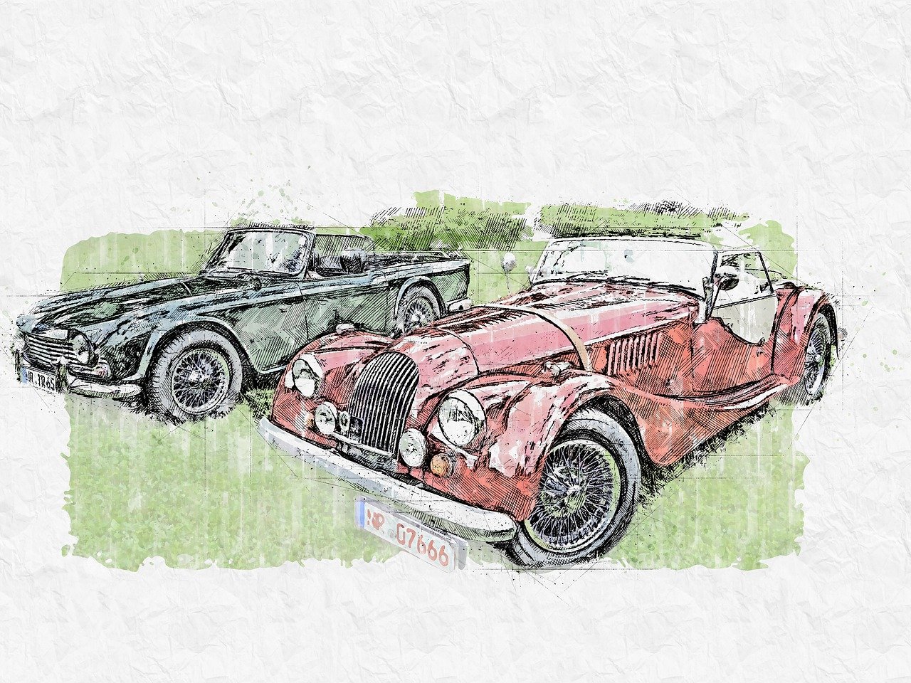 a couple of old cars parked next to each other, a digital rendering, inspired by Bernardo Cavallino, trending on pixabay, auto-destructive art, sketched 4k, soft top, linen, thumbnail