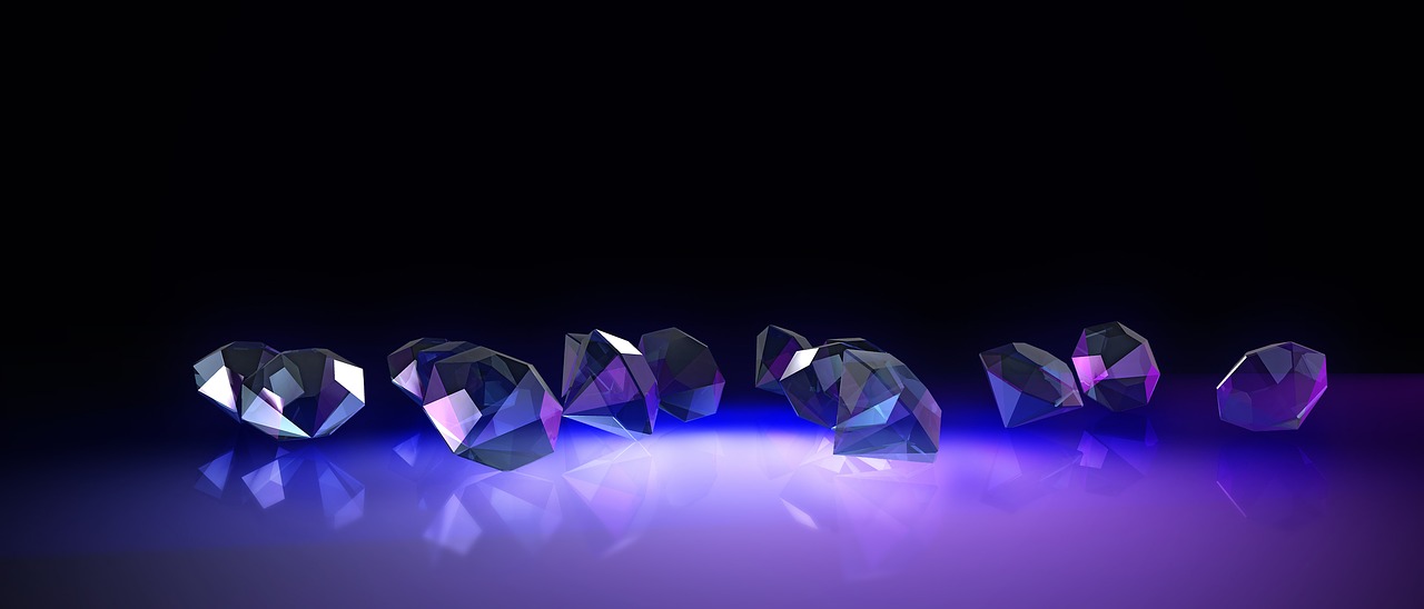 a group of diamonds sitting on top of a table, digital art, by Aleksander Gierymski, polycount, crystal cubism, dark purple glowing background, crystal refraction of light, black opals, vertical wallpaper