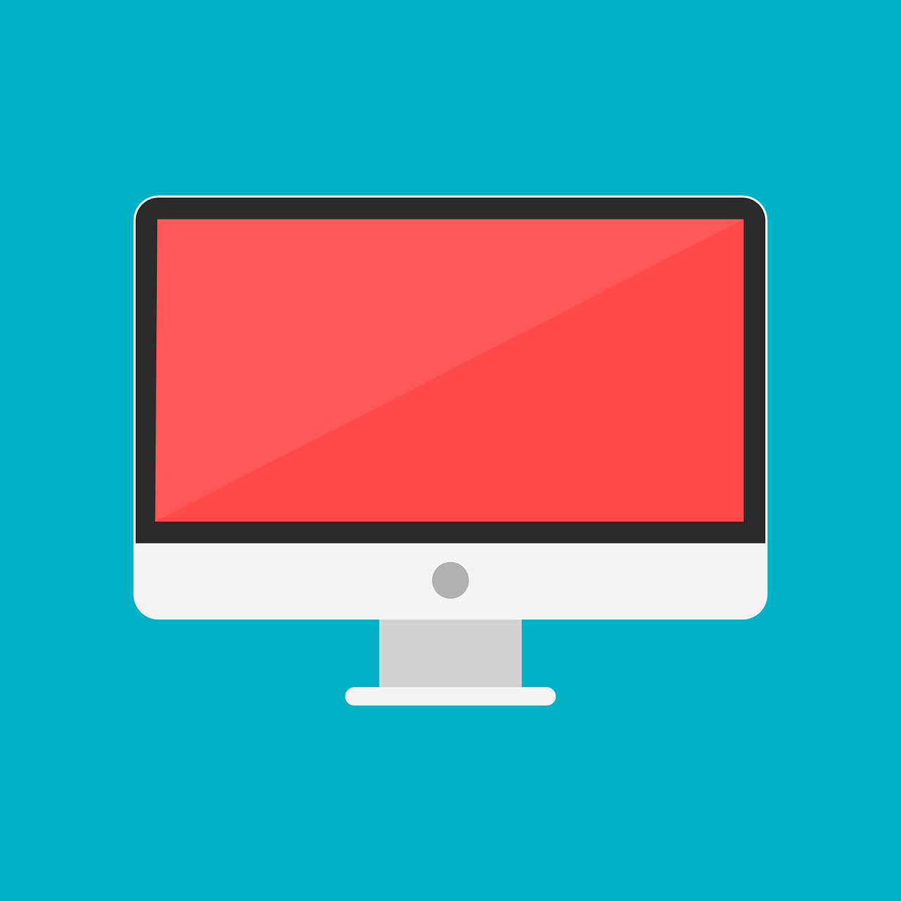 a computer monitor with a red screen on a blue background, colorful flat design, apple design, red white background, very detailed background