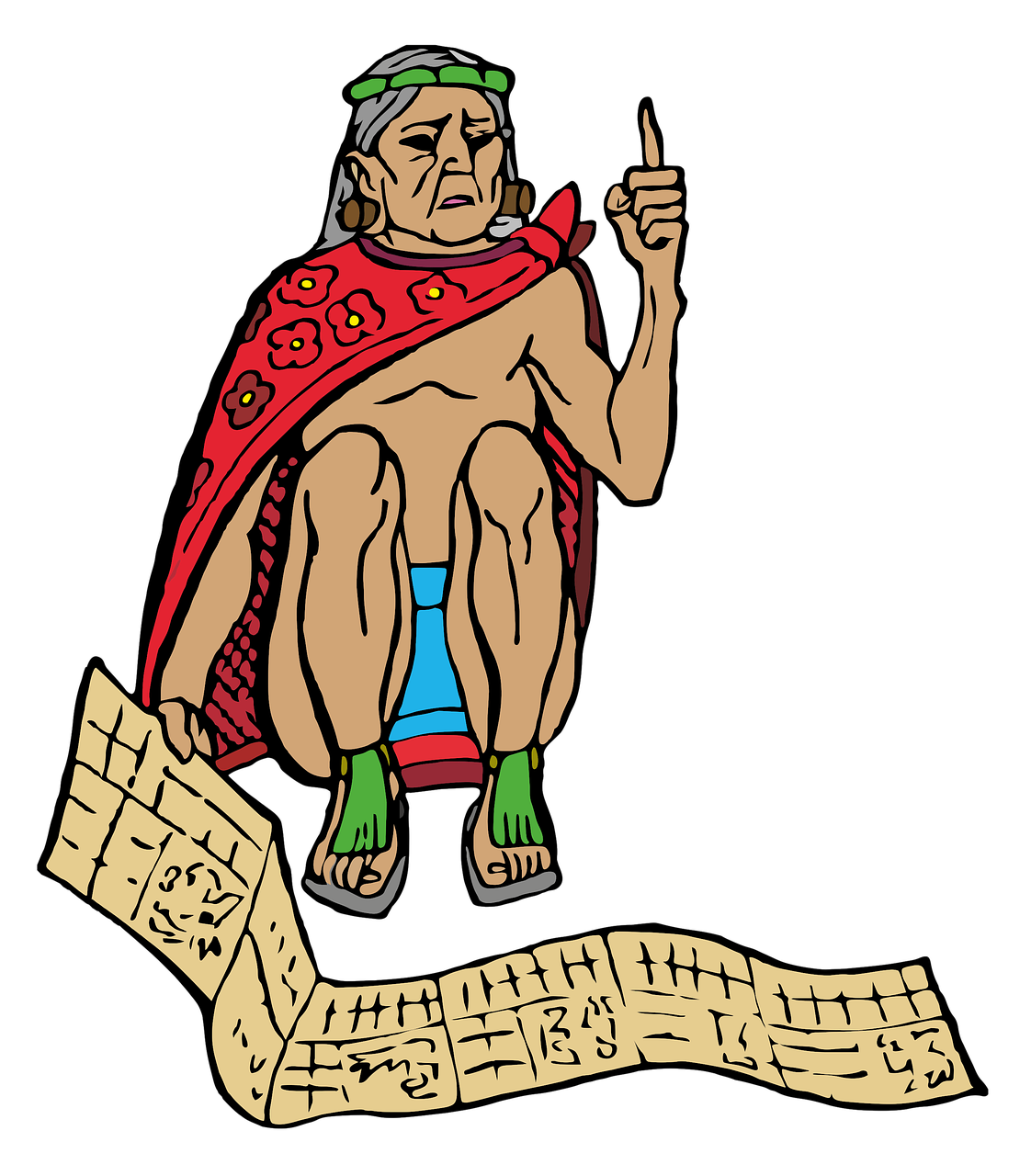 a drawing of a man sitting on top of a sheet of paper, by Ángel Botello, pixabay, mingei, wearing inka clothes, musical notes, in the art style of quetzecoatl, full color illustration