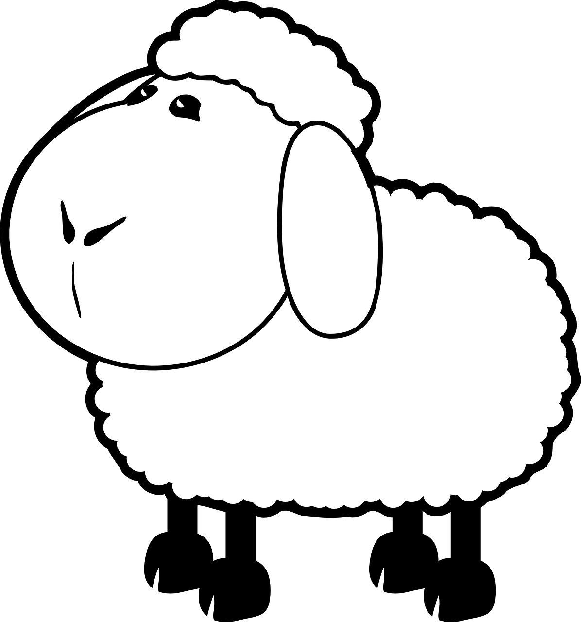 a black and white drawing of a sheep, lineart, inspired by Shūbun Tenshō, pixabay, hurufiyya, fluffy'', on a flat color black background, simple cartoon, a brightly colored