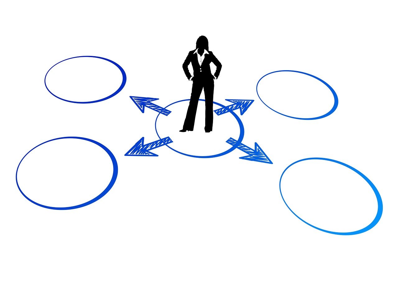 a person standing in a circle surrounded by arrows, a diagram, by Scott M. Fischer, trending on pixabay, woman in business suit, connecting lines, wikimedia commons, four