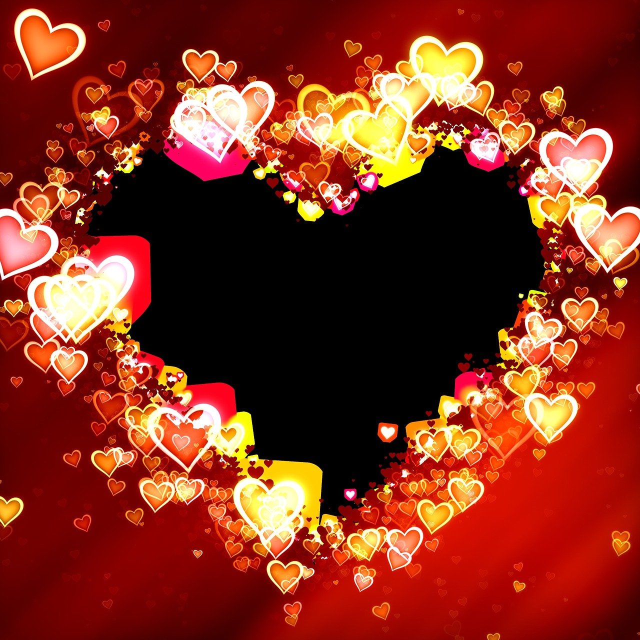 a heart made out of many hearts on a red background, a picture, yellows and reddish black, shining lights, swirling around, with a black background