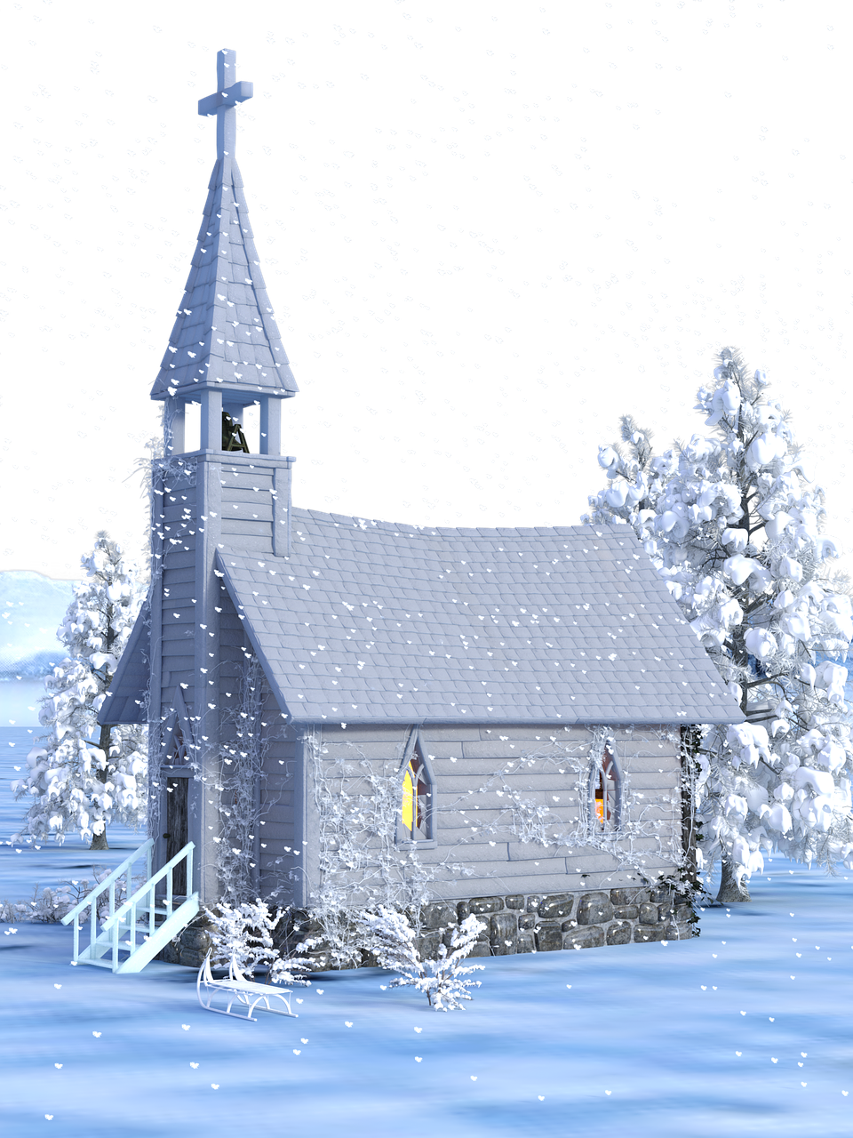 a church sitting in the middle of a snow covered field, a digital rendering, inspired by Grandma Moses, folk art, snowflakes falling, 3d animated, very beautiful photo, stock photo