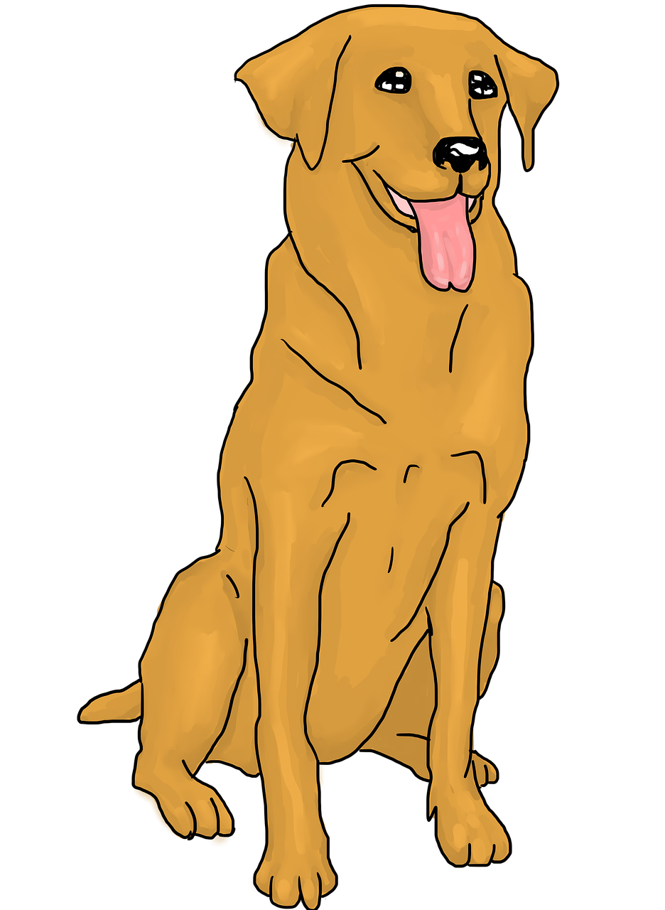 a dog sitting in front of a black background, an illustration of, pixabay, digital art, cell shaded cartoon, slightly golden, made in paint tool sai2, smiling coy