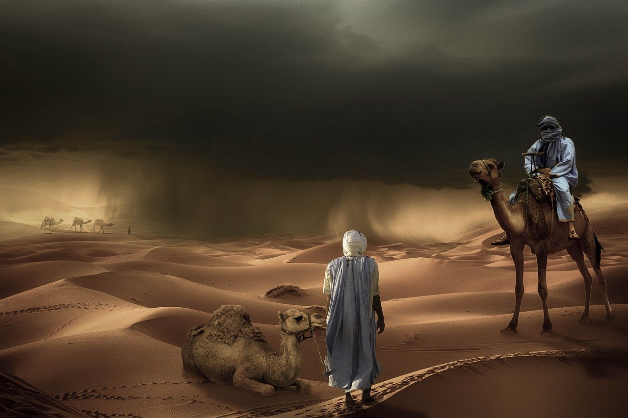 a man riding on the back of a camel in the desert, a matte painting, by Ahmed Karahisari, fantasy art, holy man looking at ground, storm, tuareg, she is arriving heaven
