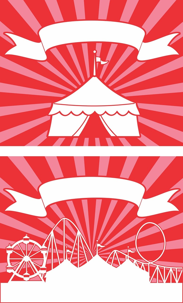 a circus tent with banners and a ferris wheel, poster art, shutterstock, red only, 1128x191 resolution, various backgrounds, pink and red color scheme