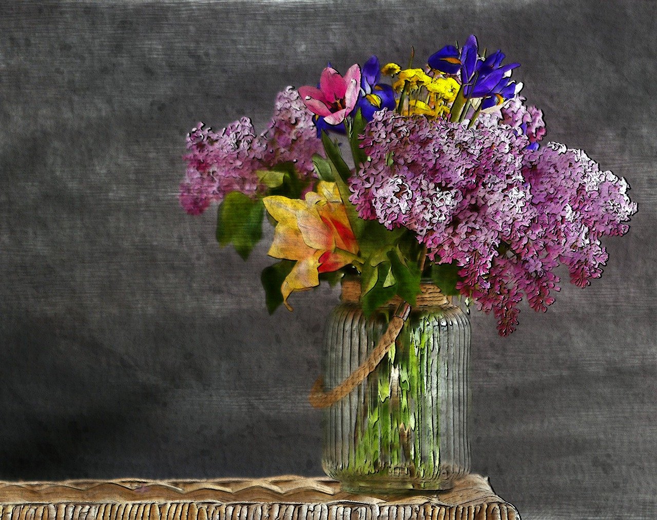 a vase filled with purple and yellow flowers, a still life, inspired by Henri Fantin-Latour, flickr contest winner, complex layered composition!!, early spring, in style of mike savad”, monet style
