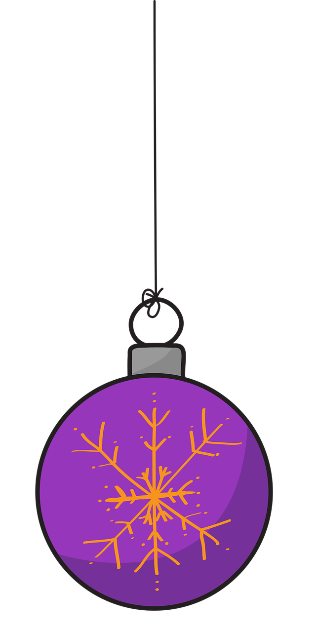 a purple christmas ornament with a snowflake on it, a digital rendering, by Winona Nelson, conceptual art, black backround. inkscape, hanging upside down, an orange, 1128x191 resolution